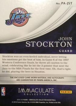 2015-16 Panini Immaculate Collection - Patch Autographs #PA-JST John Stockton Back