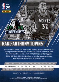 2016-17 Panini Absolute #29 Karl-Anthony Towns Back