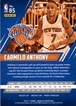2016-17 Panini Absolute #85 Carmelo Anthony Back