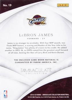 2015-16 Panini Immaculate Collection - Jumbo Patches Team Logos Relics Jersey Numbers #19 LeBron James Back