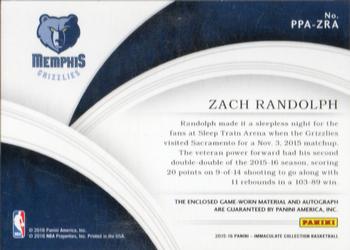 2015-16 Panini Immaculate Collection - Premium Patch Autographs #PPA-ZRA Zach Randolph Back