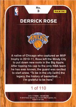 2016-17 Panini Instant NBA #3 Derrick Rose Back