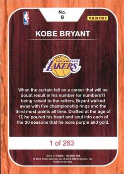 2016-17 Panini Instant NBA #8 Kobe Bryant Back