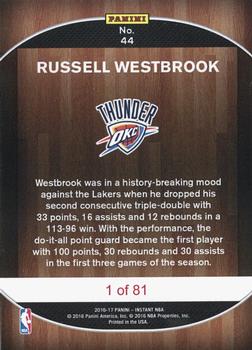 2016-17 Panini Instant NBA #44 Russell Westbrook Back