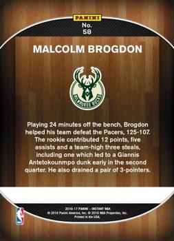 2016-17 Panini Instant NBA #58 Malcolm Brogdon Back