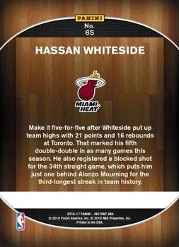 2016-17 Panini Instant NBA #65 Hassan Whiteside Back
