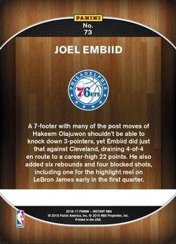 2016-17 Panini Instant NBA #73 Joel Embiid Back