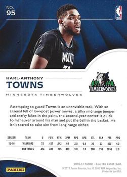 2016-17 Panini Limited #95 Karl-Anthony Towns Back