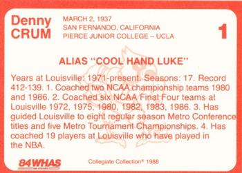 1988-89 Louisville Cardinals Collegiate Collection #1 Denny Crum Back