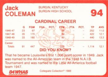 1988-89 Louisville Cardinals Collegiate Collection #94 Jack Coleman Back