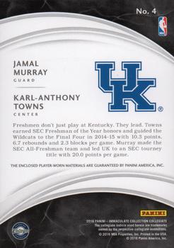 2016-17 Panini Immaculate Collection Collegiate - Collegiate Combos Materials #4 Jamal Murray / Karl-Anthony Towns Back