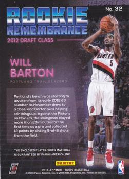 2016-17 Hoops - Rookie Remembrance Prime #32 Will Barton Back