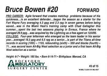 1996-97 Rockford Lightning (CBA) #3 Bruce Bowen Back