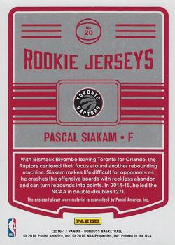 2016-17 Donruss - Rookie Jerseys #20 Pascal Siakam Back