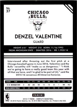 2016-17 Panini Complete #37 Denzel Valentine Back