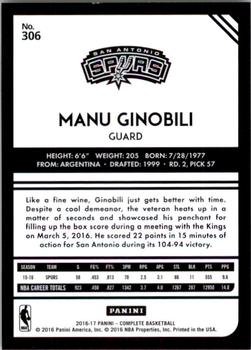 2016-17 Panini Complete #306 Manu Ginobili Back