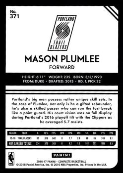 2016-17 Panini Complete #371 Mason Plumlee Back