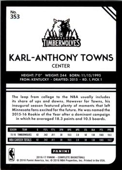 2016-17 Panini Complete - Silver #353 Karl-Anthony Towns Back