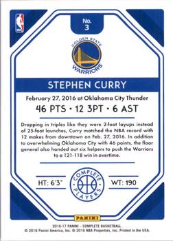 2016-17 Panini Complete - Complete Players #3 Stephen Curry Back