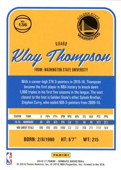 2016-17 Donruss - Orange Holo Laser #136 Klay Thompson Back