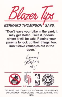 1984-85 Portland Trail Blazers Police #3 Bernard Thompson Back