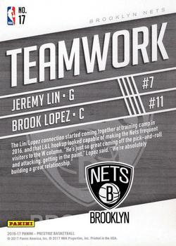 2016-17 Panini Prestige - Teamwork #17 Jeremy Lin / Brook Lopez Back