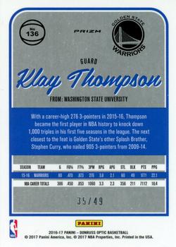 2016-17 Donruss Optic - Blue #136 Klay Thompson Back