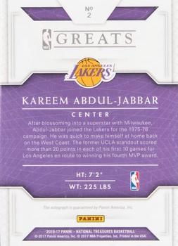 2016-17 Panini National Treasures - NBA Greats Signatures Gold #2 Kareem Abdul-Jabbar Back