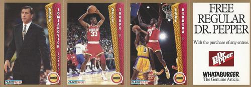 1992-93 Fleer - Houston Rockets Whataburger 3-Card Panels #NNO Rudy Tomjanovich / Otis Thorpe / Carl Herrera Front