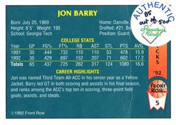 1992 Front Row Draft Picks - Signature Series #5 Jon Barry Back