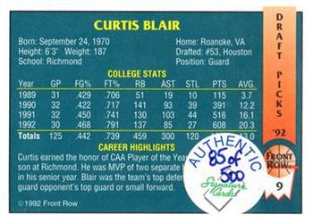 1992 Front Row Draft Picks - Signature Series #9 Curtis Blair Back