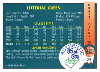 1992 Front Row Draft Picks - Signature Series #27 Litterial Green Back