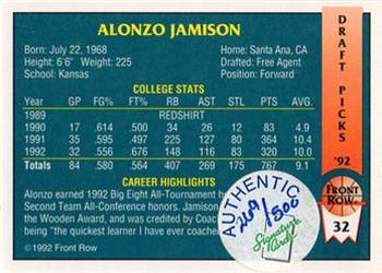 1992 Front Row Draft Picks - Signature Series #32 Alonzo Jamison Back