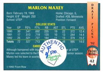 1992 Front Row Draft Picks - Signature Series #42 Marlon Maxey Back