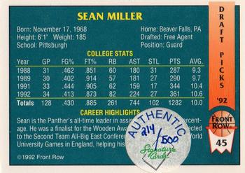 1992 Front Row Draft Picks - Signature Series #45 Sean Miller Back
