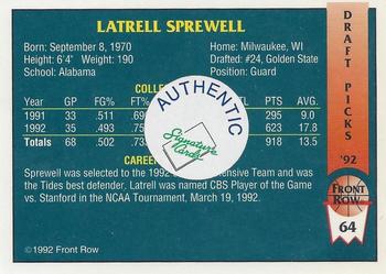 1992 Front Row Draft Picks - Signature Series #64 Latrell Sprewell Back
