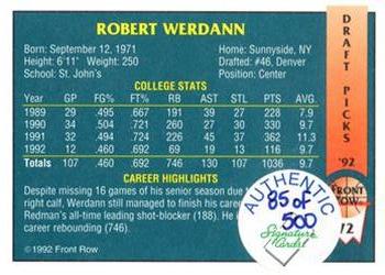1992 Front Row Draft Picks - Signature Series #72 Robert Werdann Back