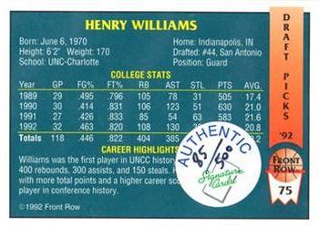 1992 Front Row Draft Picks - Signature Series #75 Henry Williams Back
