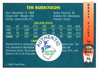 1992 Front Row Draft Picks - Signature Series #76 Tim Burroughs Back