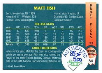 1992 Front Row Draft Picks - Signature Series #84 Matt Fish Back