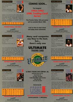 1992-93 Ultimate USBL Promo Sheet #NNO Norris Coleman / Dallas Comegys / Kermit Holmes / Anthony Mason / Anthony Poullard / Lloyd Daniels / Michael Anderson / Darrell Armstrong / Roy Tarpley Back