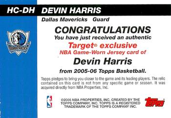2005-06 Topps - Target Hardwood Classics Collection Jerseys #HC-DH Devin Harris Back