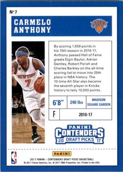 2017 Panini Contenders Draft Picks #7 Carmelo Anthony Back