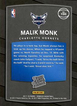 2017-18 Donruss #190 Malik Monk Back