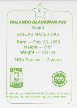 1984-85 Star Arena Dallas Mavericks #2 Rolando Blackman Back