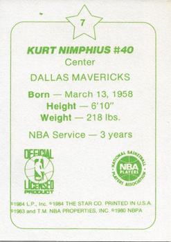 1984-85 Star Arena Dallas Mavericks #7 Kurt Nimphius Back