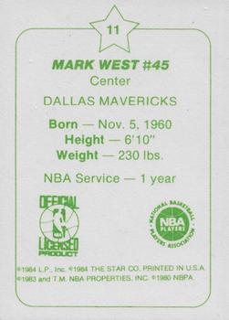 1984-85 Star Arena Dallas Mavericks #11 Mark West Back
