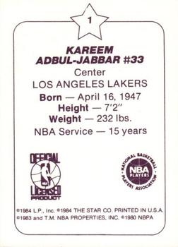 1984-85 Star Arena Los Angeles Lakers #1 Kareem Abdul-Jabbar Back