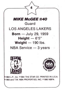 1984-85 Star Arena Los Angeles Lakers #4 Mike McGee Back