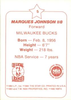 1984-85 Star Arena Milwaukee Bucks #5 Marques Johnson Back